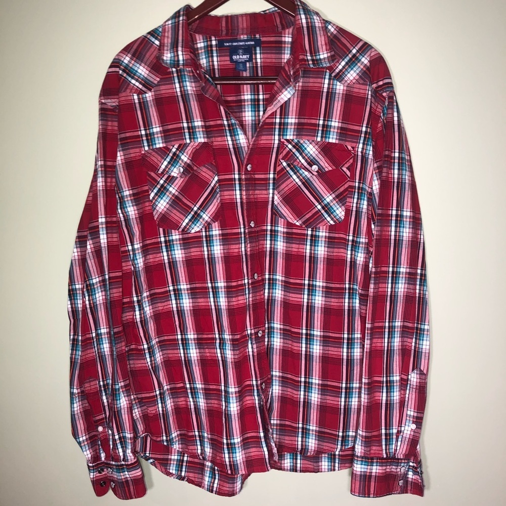 Old Navy XXL Red Plaid LS Button Down Slim Fit